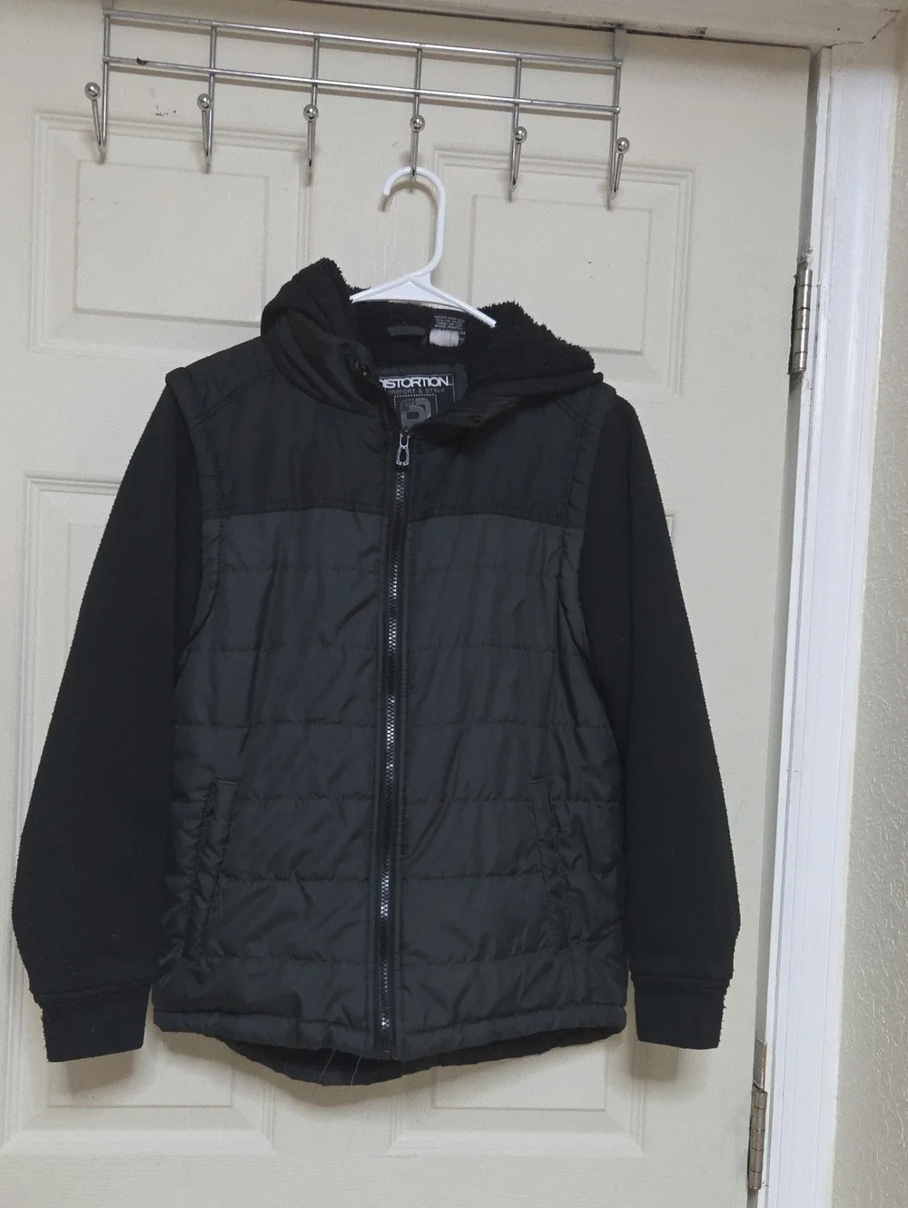 Distortion Kids Puffer Jacket Black Sherpa Hooded Winter Coat Size 10/12 M.